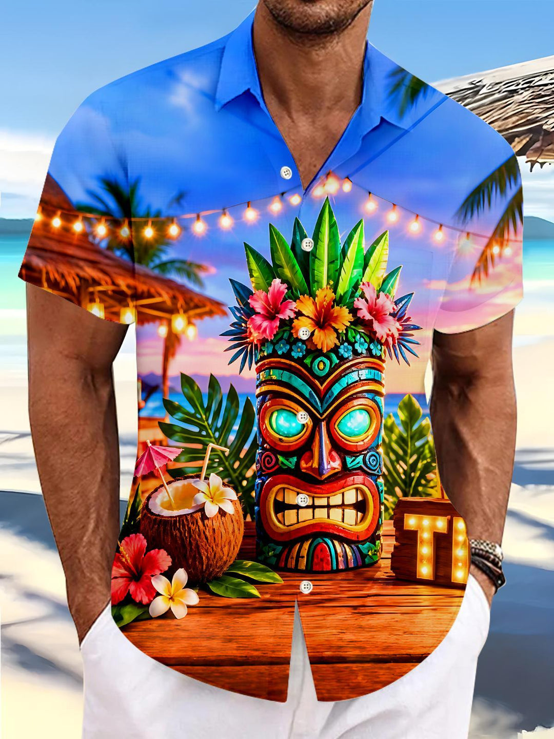 Fun Hawaiian Tiki Ethnic Totem Coconut Flower Men's Pocket Short Sleeve Shirts