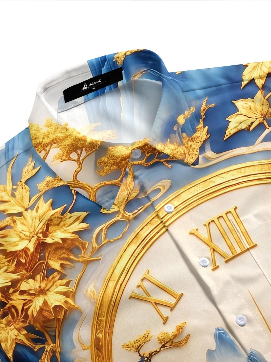 Art Gold Foil Mountain Scenery Clock Men's Pocket Short Sleeve Shirts