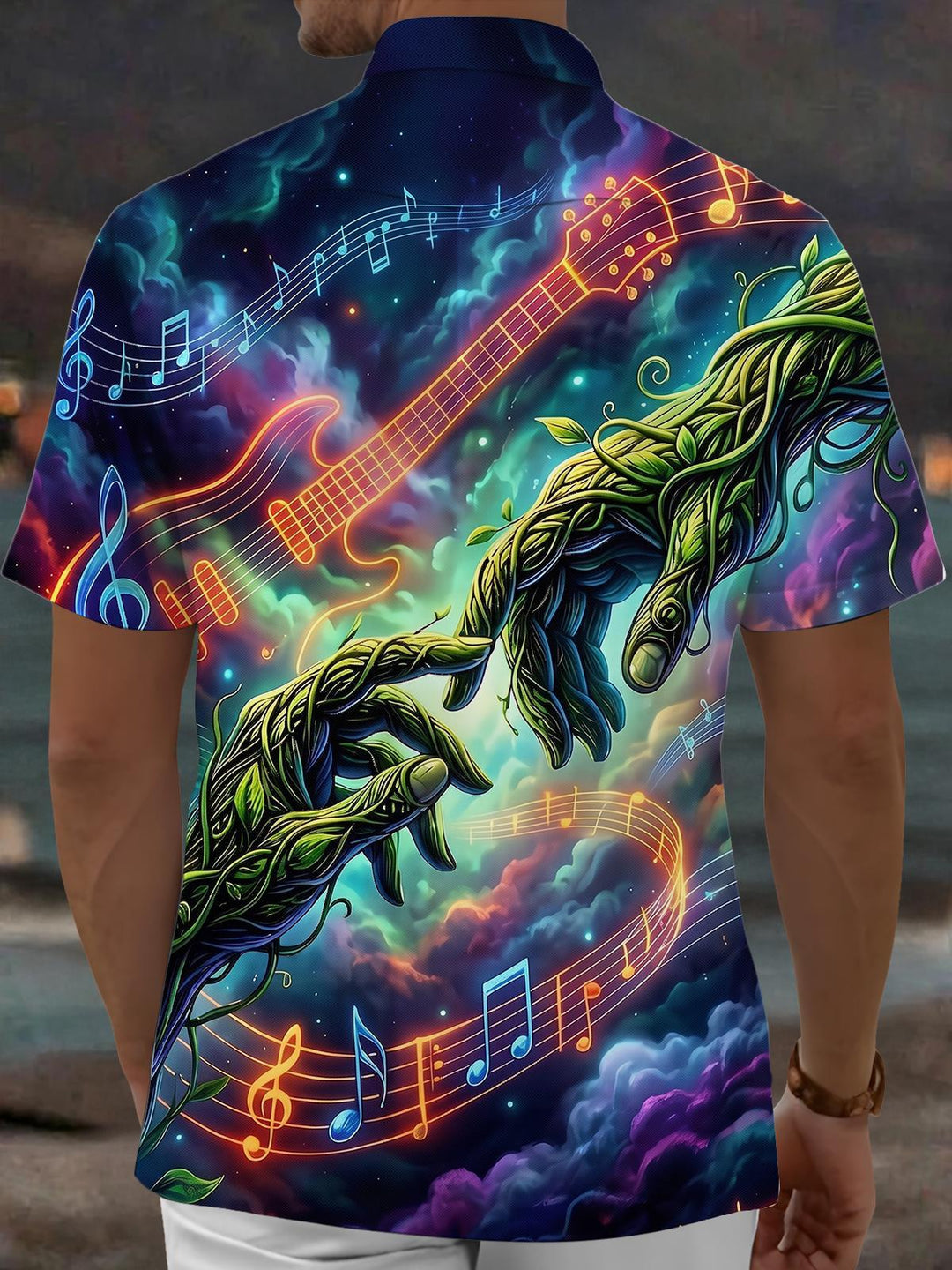 Neon Music Vines Hands Men's Pocket Short Sleeve Shirts