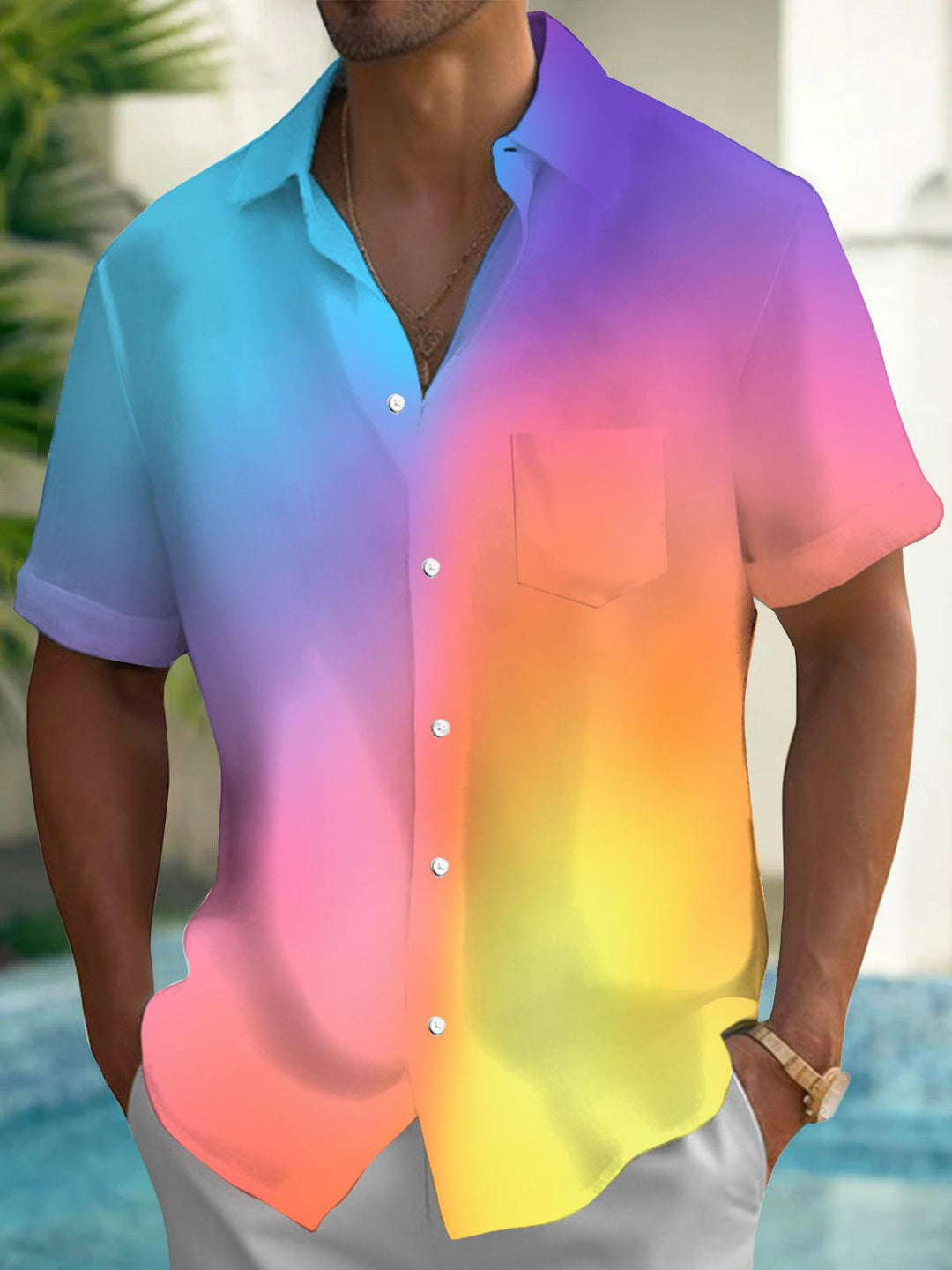 Gradient Print Men's Pocket Short Sleeve Shirts