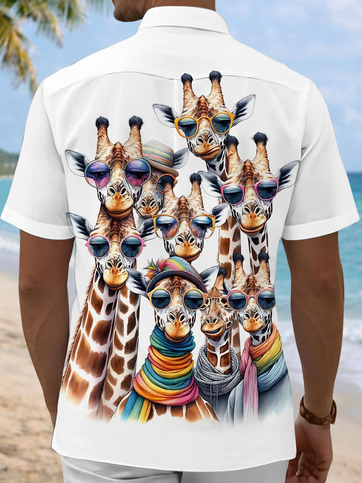 Giraffe Print Men's Pocket Short Sleeve Shirts