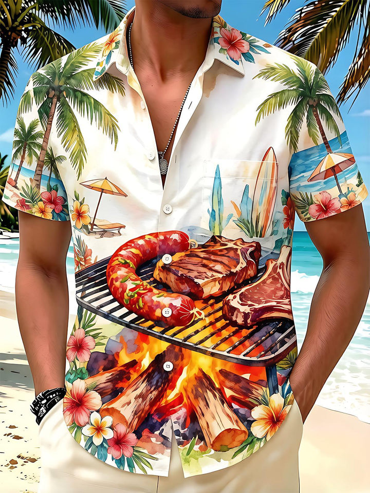 Beach BBQ Steak Hawaiian Men's Pocket Short Sleeve Shirts