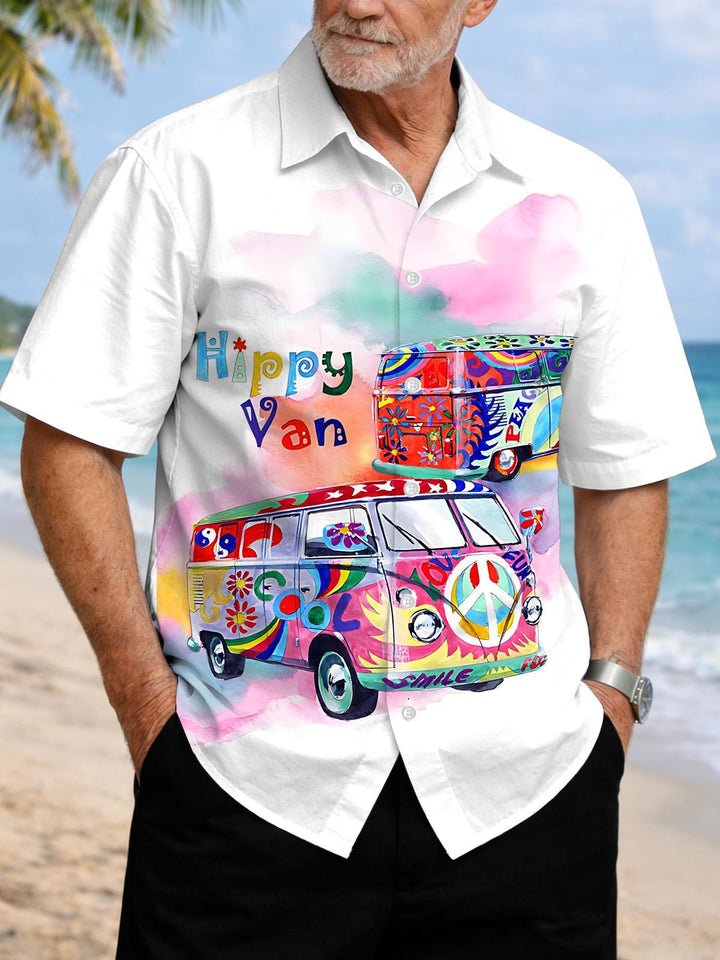 Hippie Van Print Men's Pocket Short Sleeve Shirts
