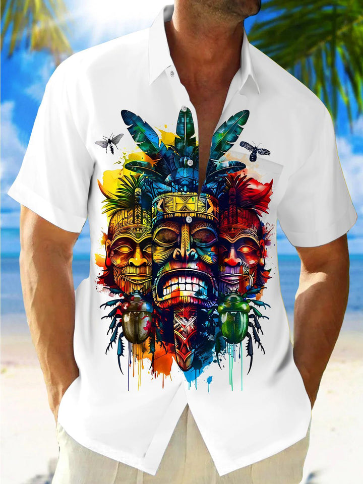 Hawaiian Tiki Face Men's Pocket Short Sleeve Shirts