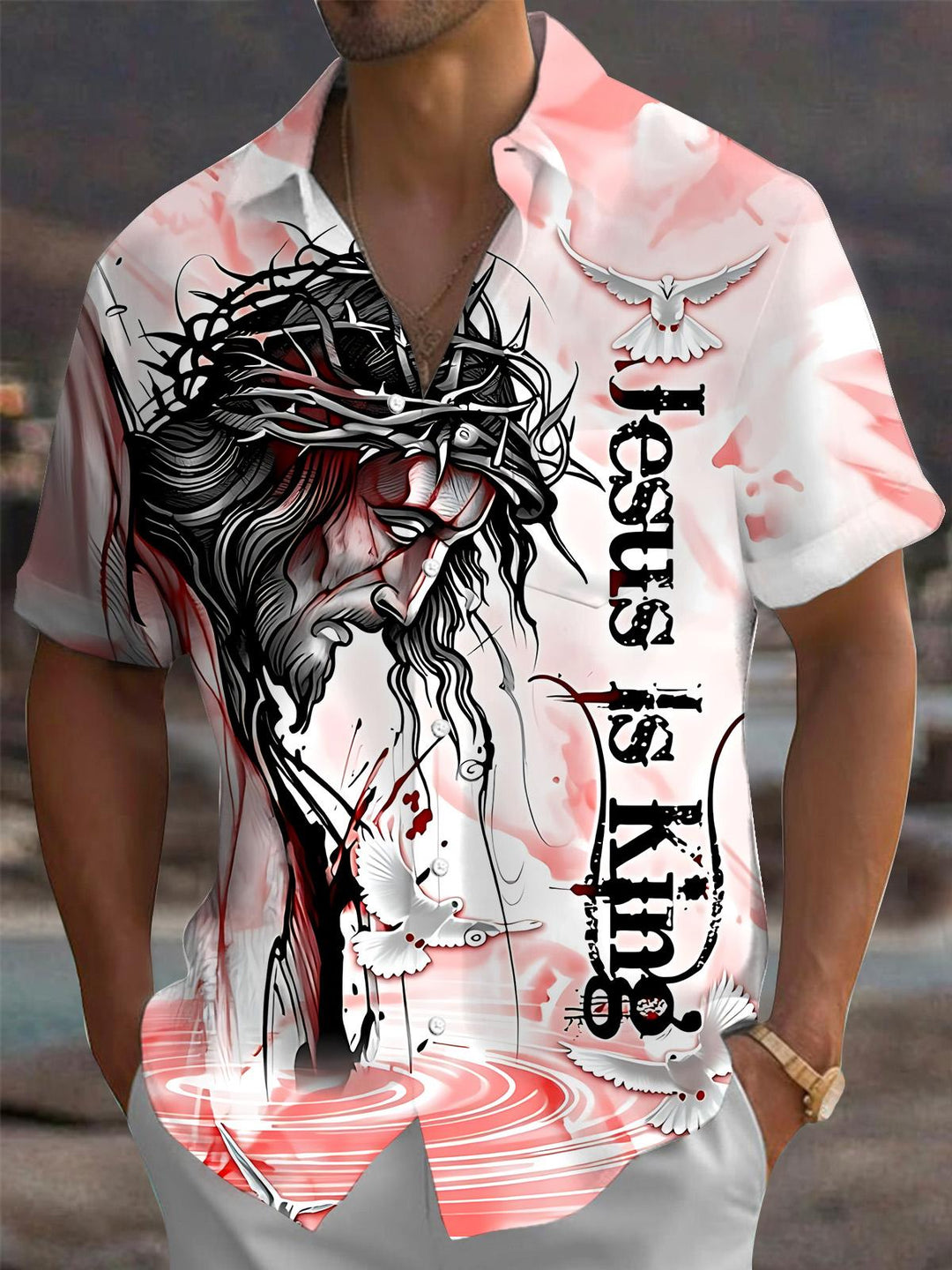 Christian Jesus Print Men's Pocket Short Sleeve Shirts