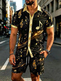 Black And Gold Music Note Men's Short Sleeve Pocket Shirts And Shorts Set