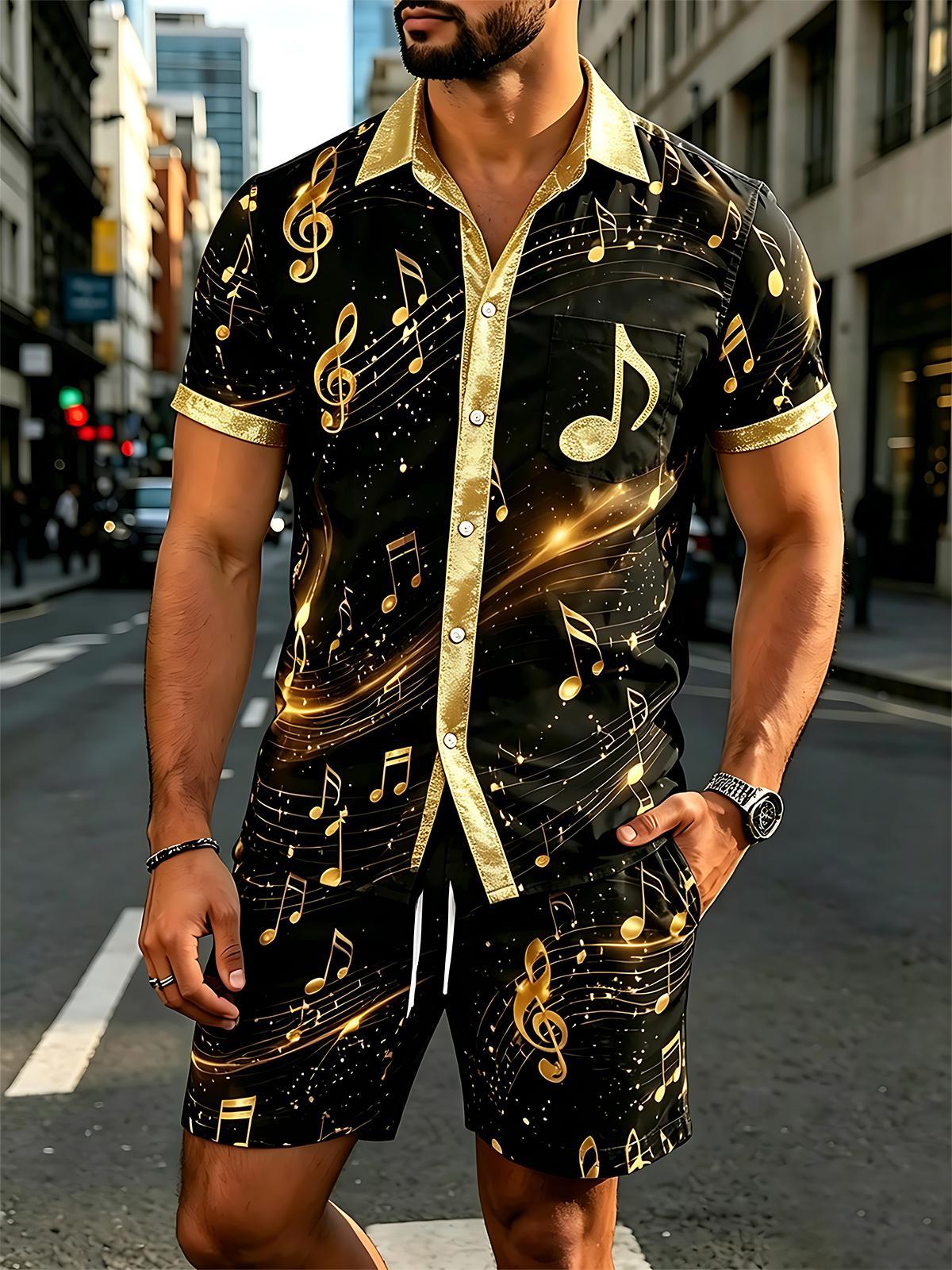 Black And Gold Music Note Men's Short Sleeve Pocket Shirts And Shorts Set
