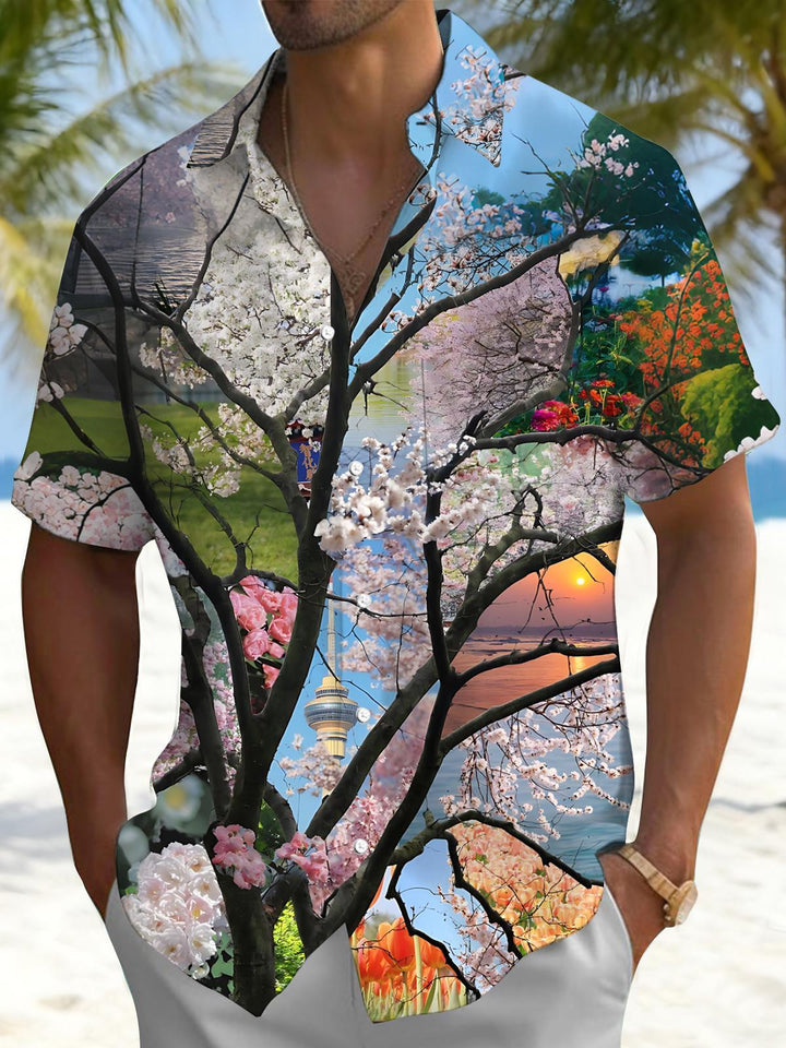 Sakura Scenery Print Men's Pocket Short Sleeve Shirts