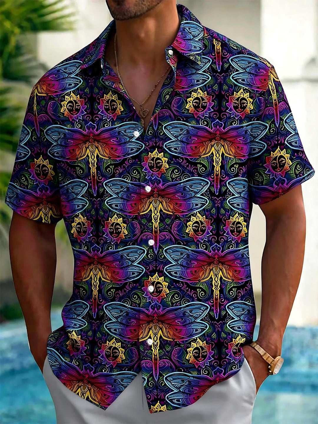 Dragonfly Print Men's Pocket Short Sleeve Shirts