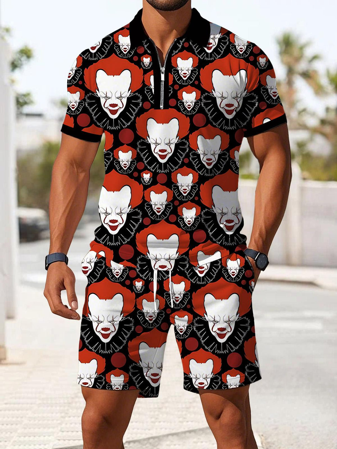 Clown Print Men's Short Sleeve Zipper Polo And Shorts Set