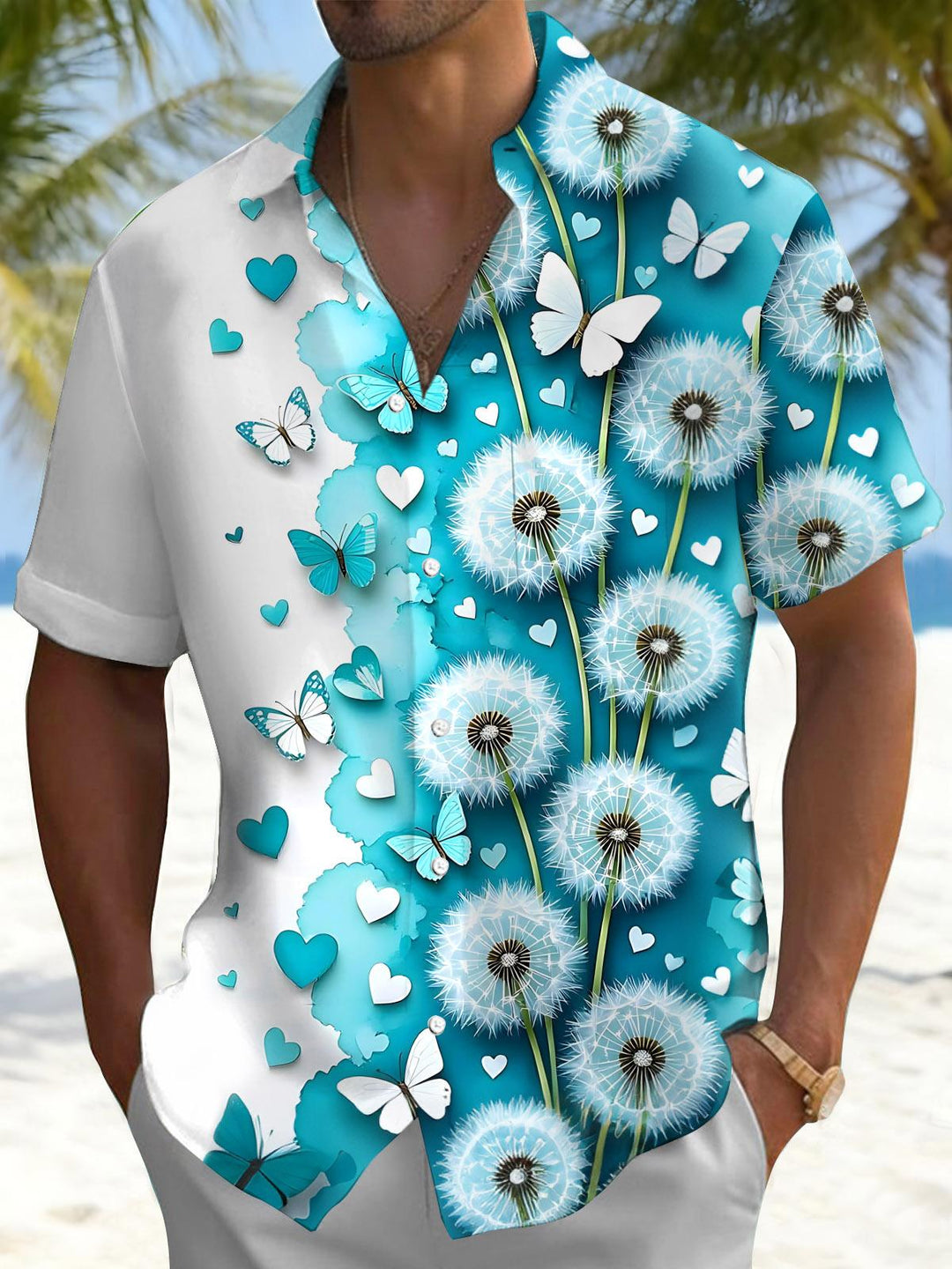 Dandelion Butterfly Print Men's Pocket Short Sleeve Shirts