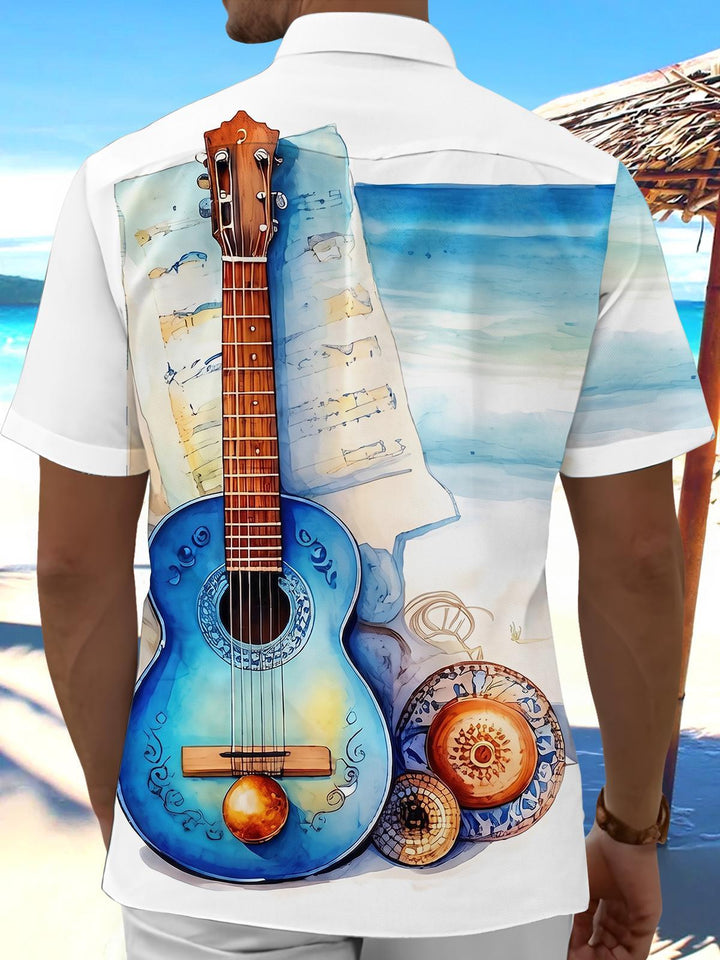 Watercolor Guitar Sheet Music Vacation Men's Pocket Short Sleeve Shirts