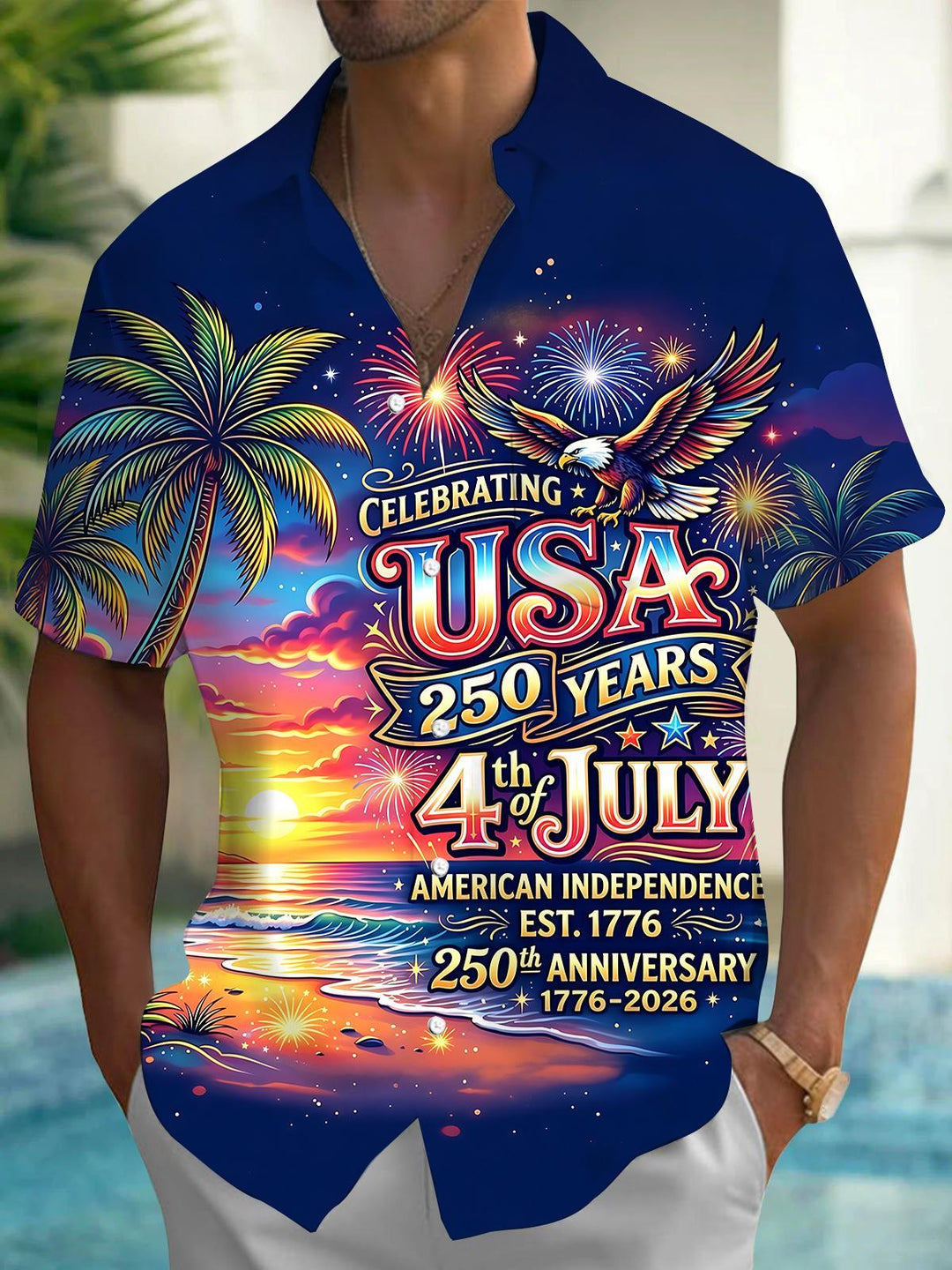Independence Eagle Coconut Tree Men's Pocket Short Sleeve Shirts