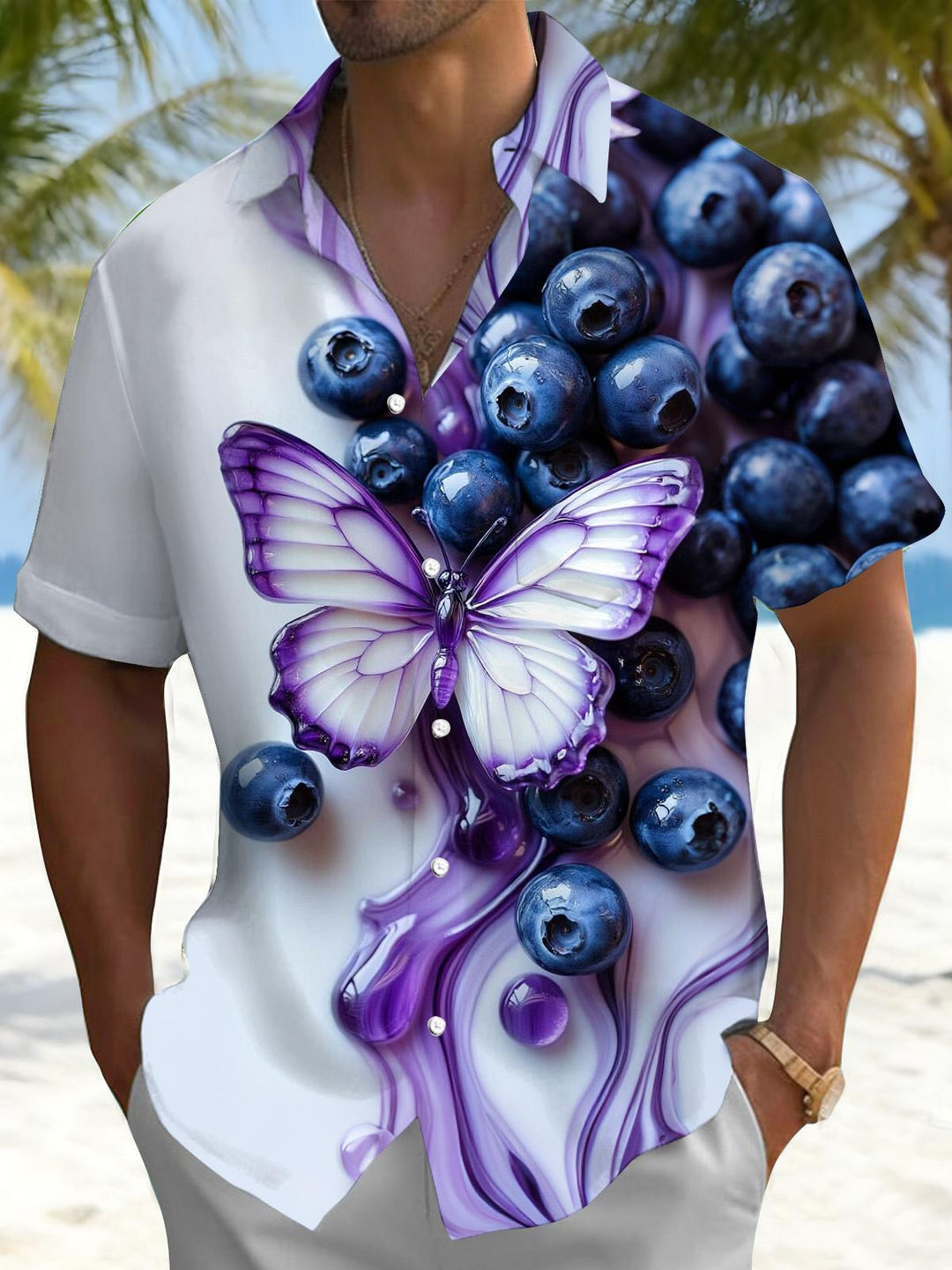 Butterfly Blueberry Print Men's Pocket Short Sleeve Shirts