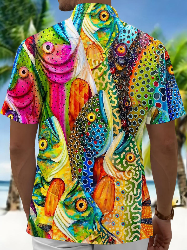 Fun Iridescent Polka Dot Weird Fish Men's Pocket Short Sleeve Shirts