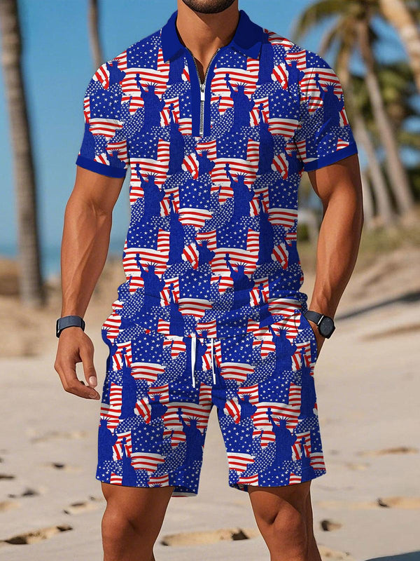 Independence Day American Flag Lady Liberty Print Men's Short Sleeve Zipper Polo And Shorts Set