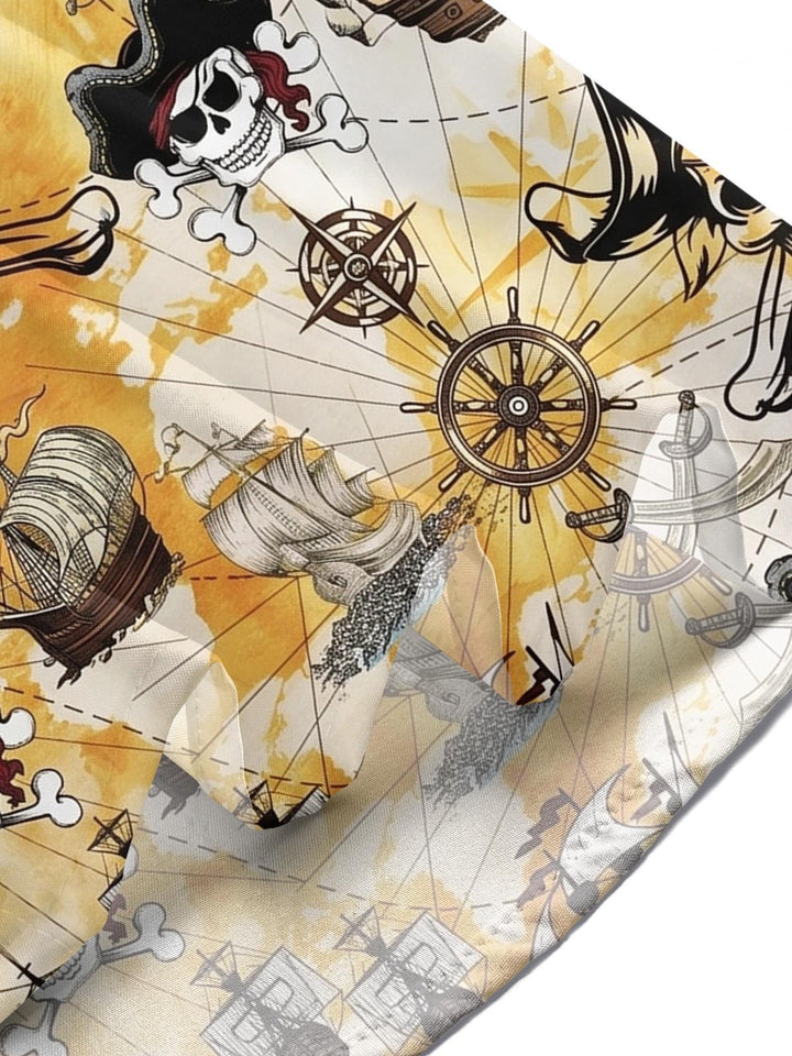 Pirate Skull Boat Print Men's Pocket Short Sleeve Shirts