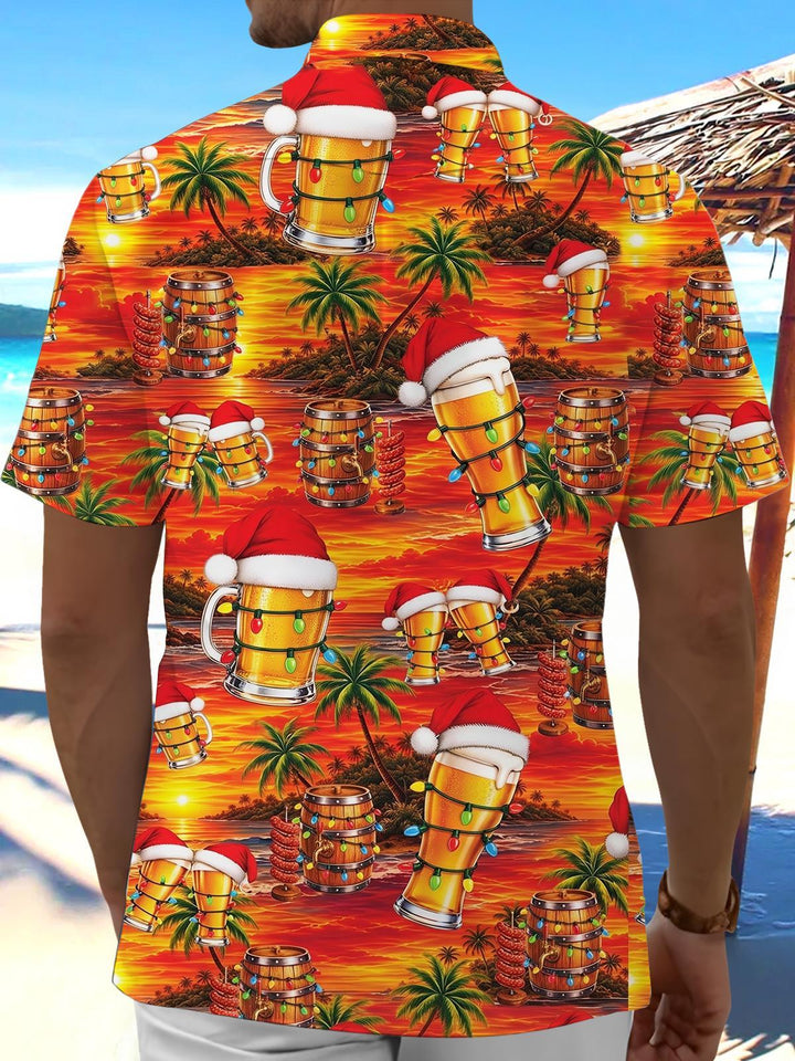 Christmas Beer Hawaiian Print Men's Pocket Short Sleeve Shirts