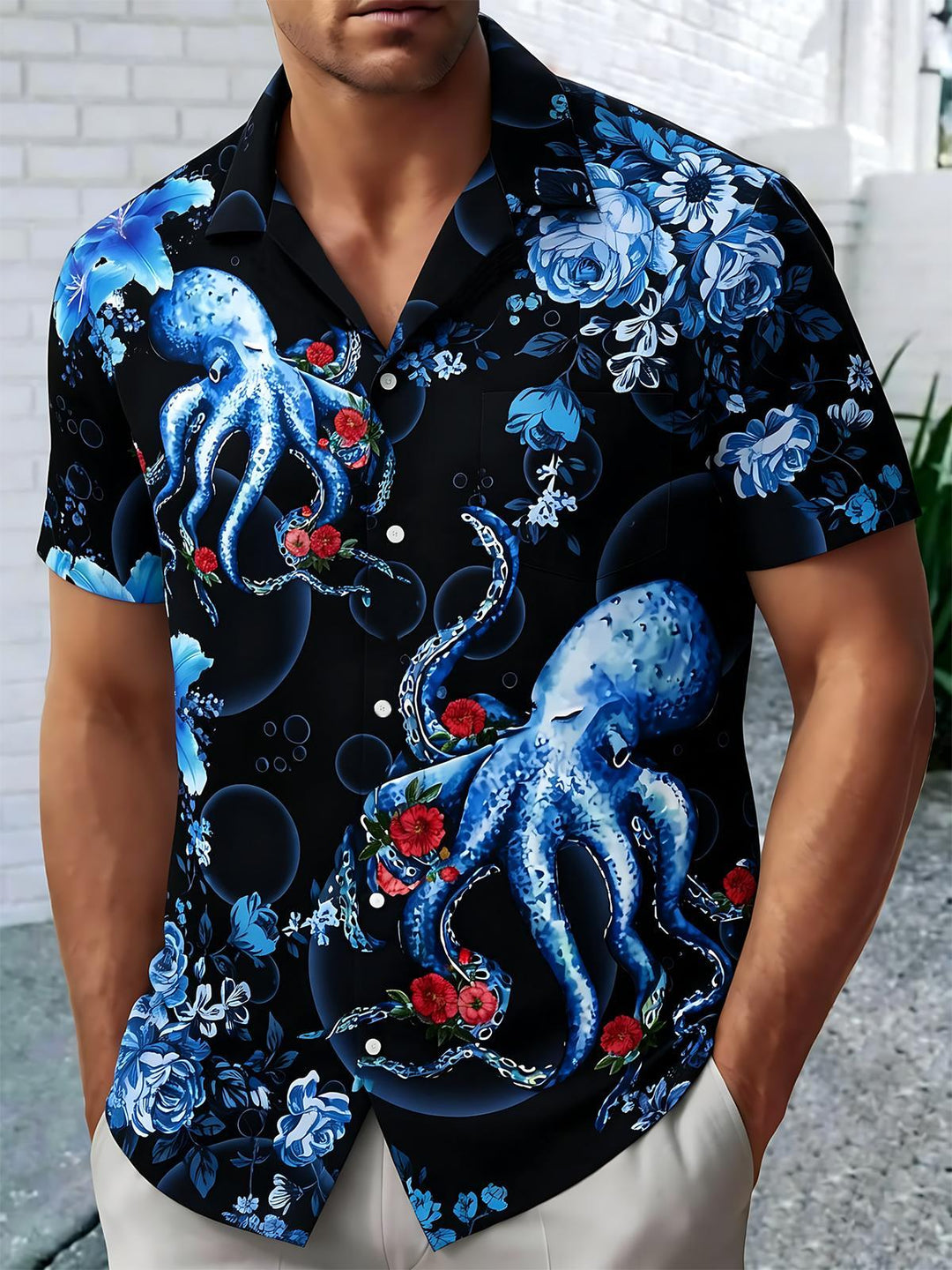 Octopus Flower Print Men's Pocket Short Sleeve Shirts