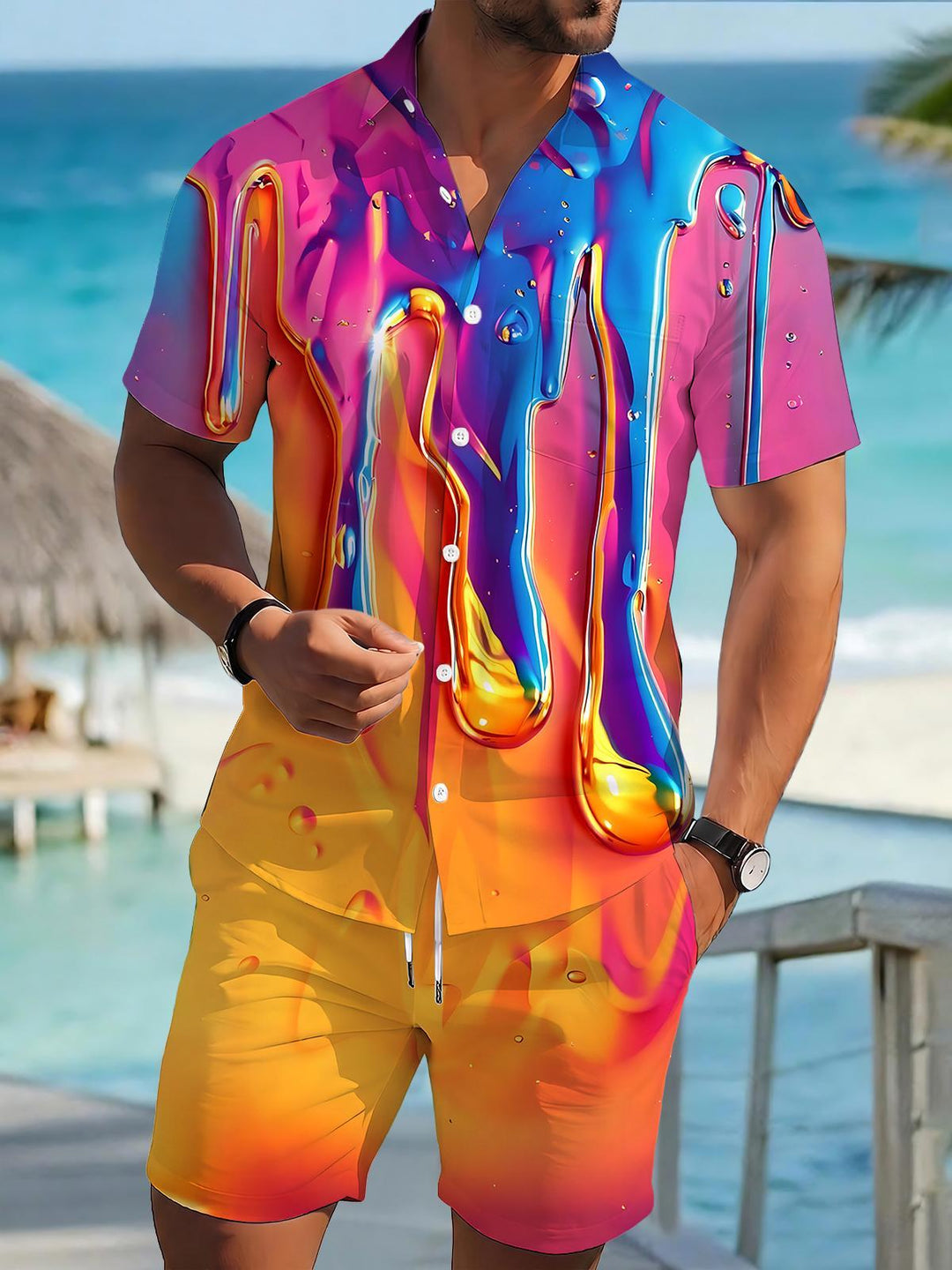 Hawaiian Water Drop Men's Short Sleeve Pocket Shirts And Shorts Set