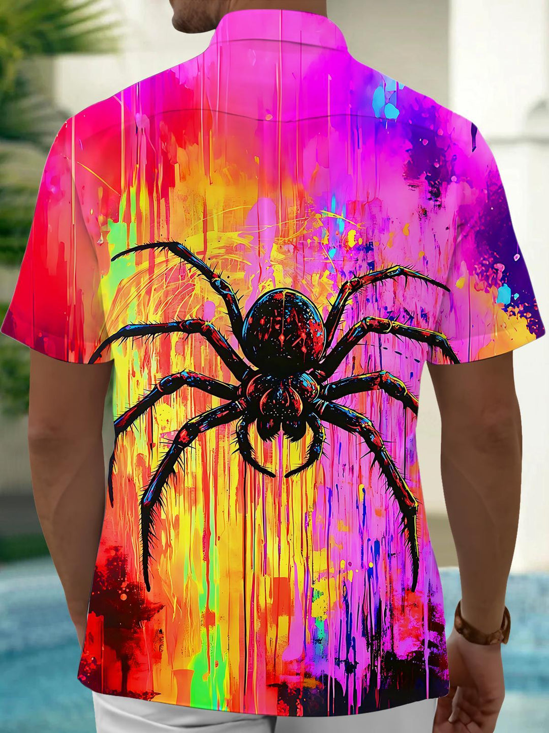 Neon Colorful Tie Dye Spider Men's Pocket Short Sleeve Shirts