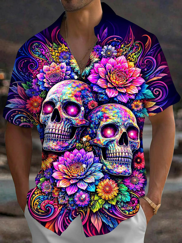 Skull Floral Men's Pocket Short Sleeve Shirts