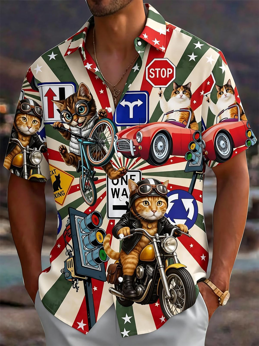 Cartoon Cat Motorcycle Print Men's Pocket Short Sleeve Shirts