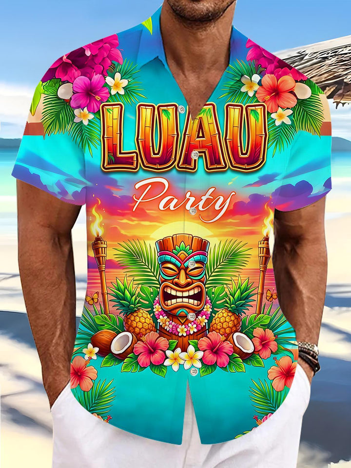 Hawaiian Luau Party Tiki Totem Hibiscus Flower Men's Pocket Short Sleeve Shirts