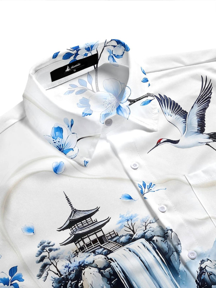 Art Blue And White Porcelain Landscape Red-Crowned Crane Men's Pocket Short Sleeve Shirts
