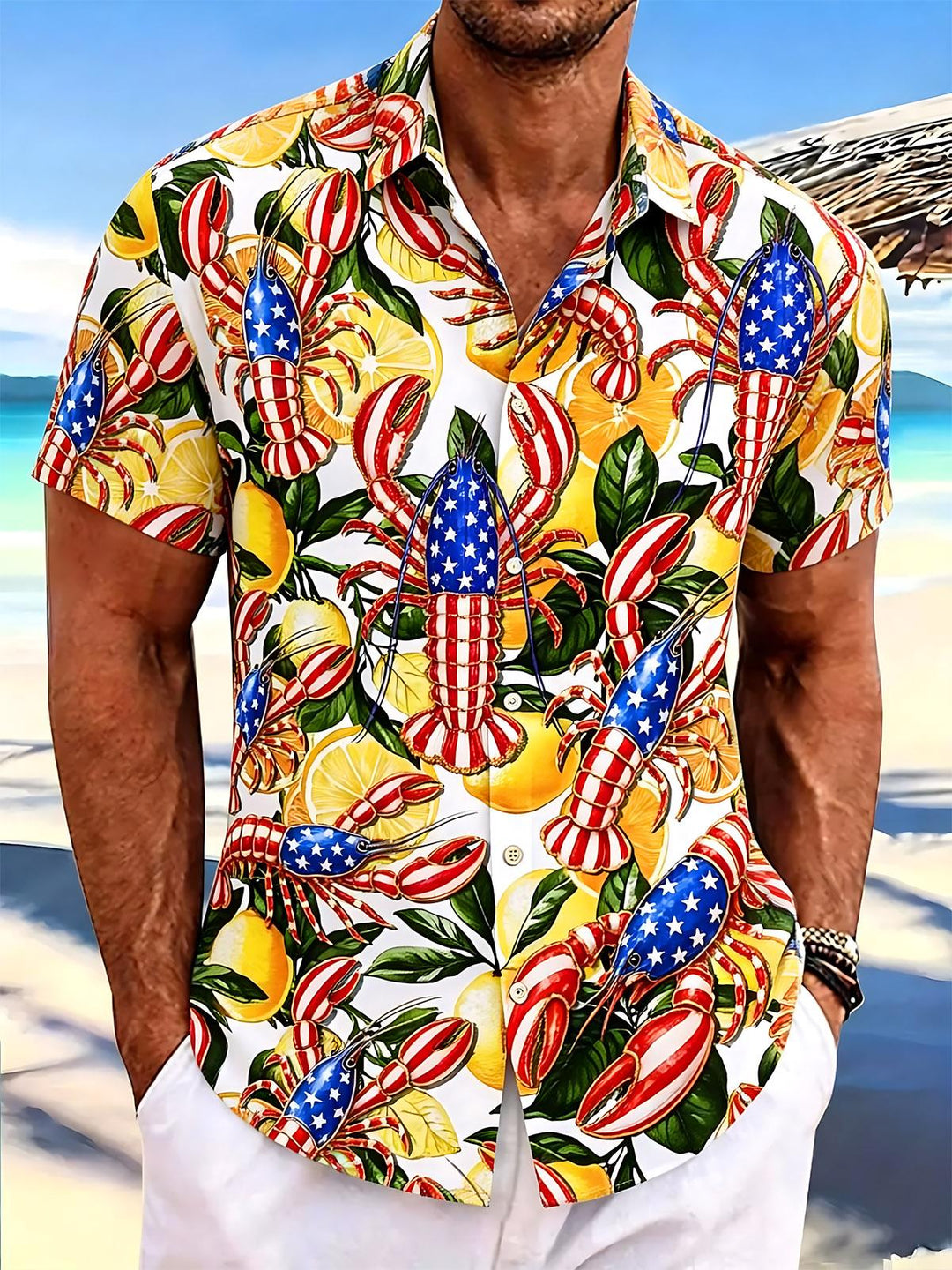 Independence Day American Flag Lobster Hawaiian Print Men's Pocket Short Sleeve Shirts