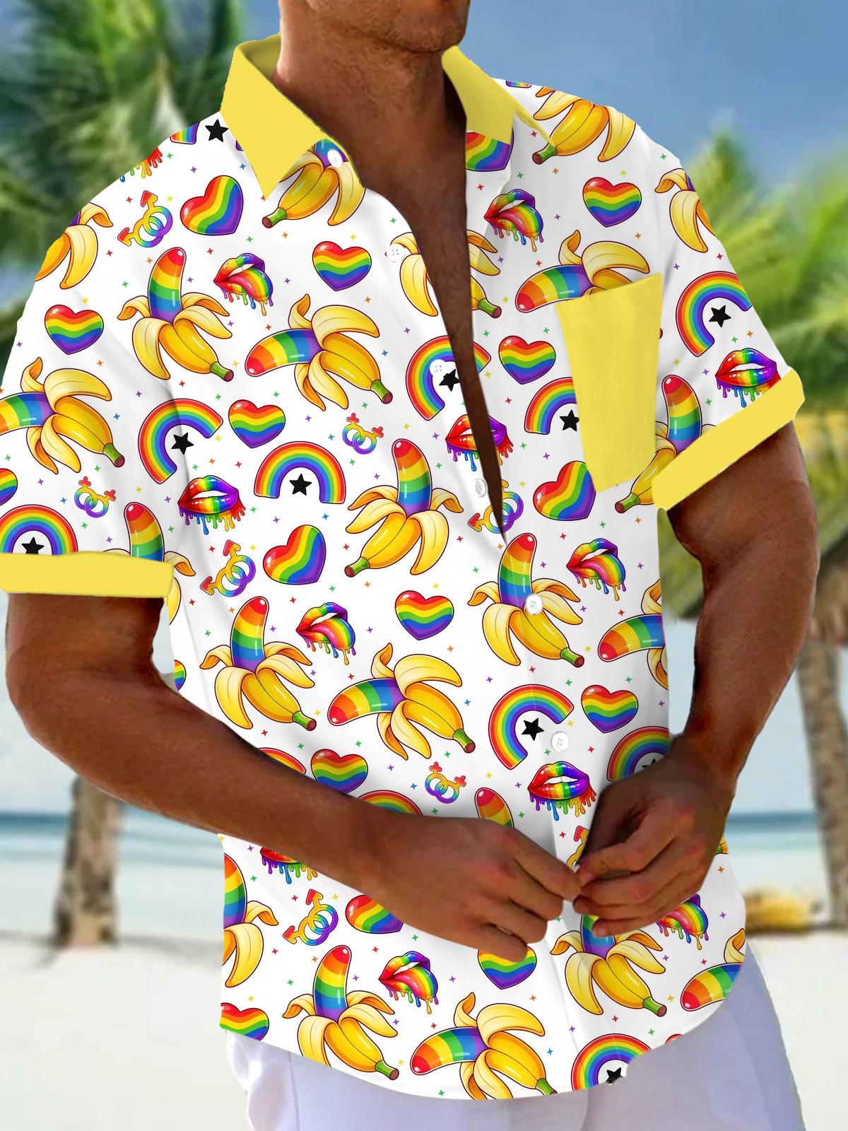 Funny Colorful Banana Print Men's Pocket Short Sleeve Shirts