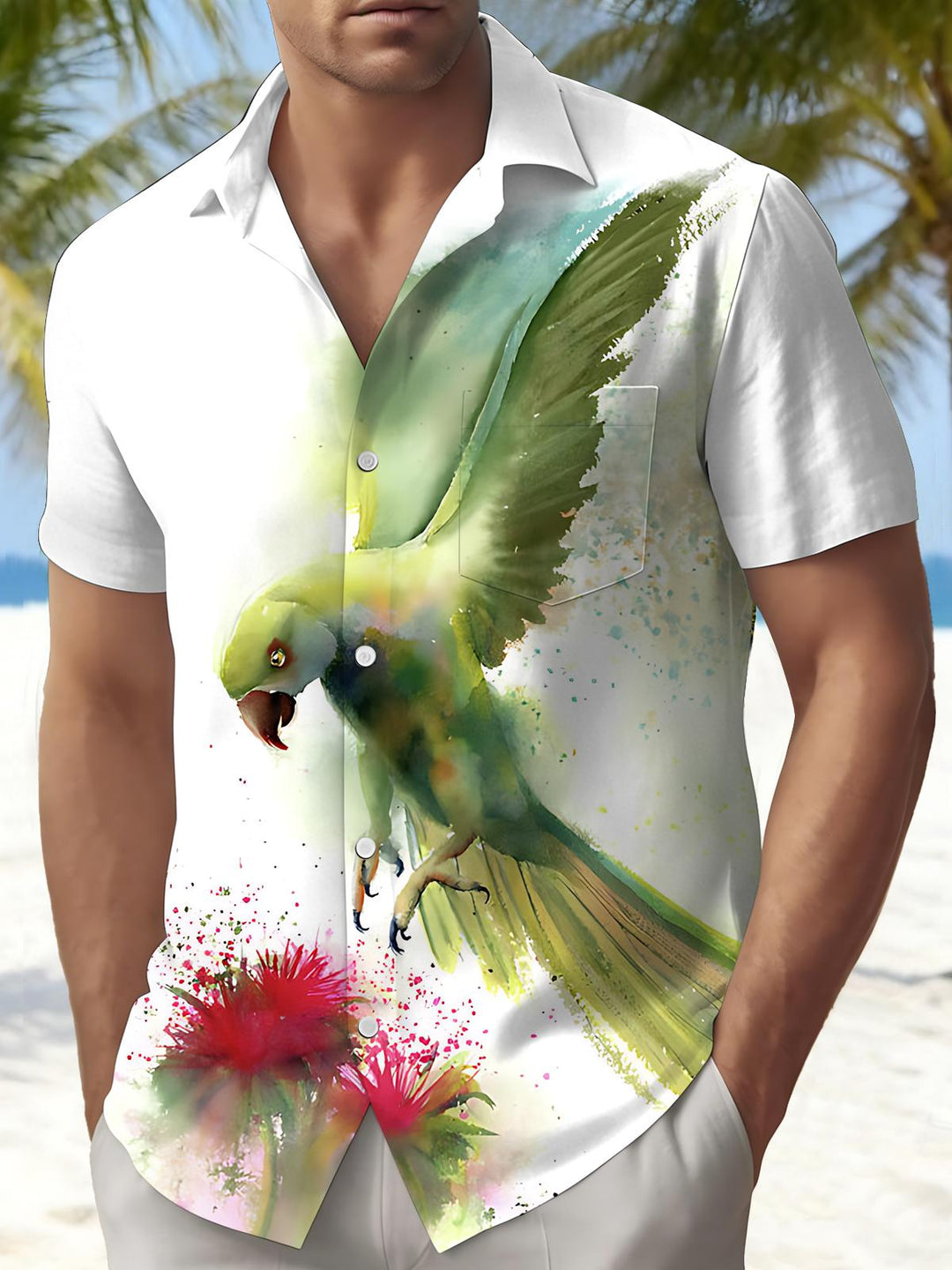 Parrot Print Men's Pocket Short Sleeve Shirts