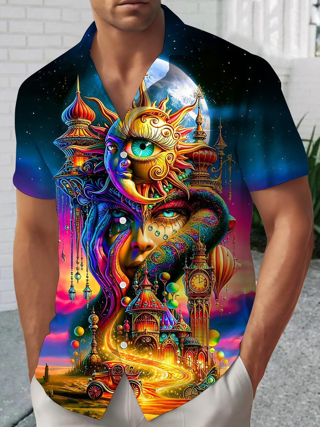 Dark Fantasy Sun Moon Face Castle Starry Psychedelic Vintage Men's Pocket Short Sleeve Shirts