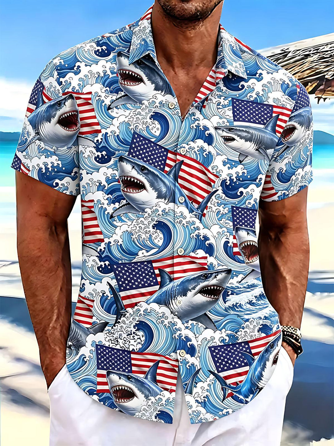 Independence Day American Flag Shark Print Men's Pocket Short Sleeve Shirts