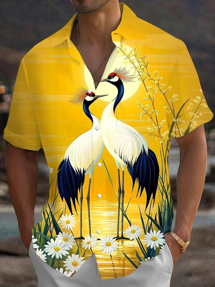 Red-Crowned Crane Sunset Men's Pocket Short Sleeve Shirts