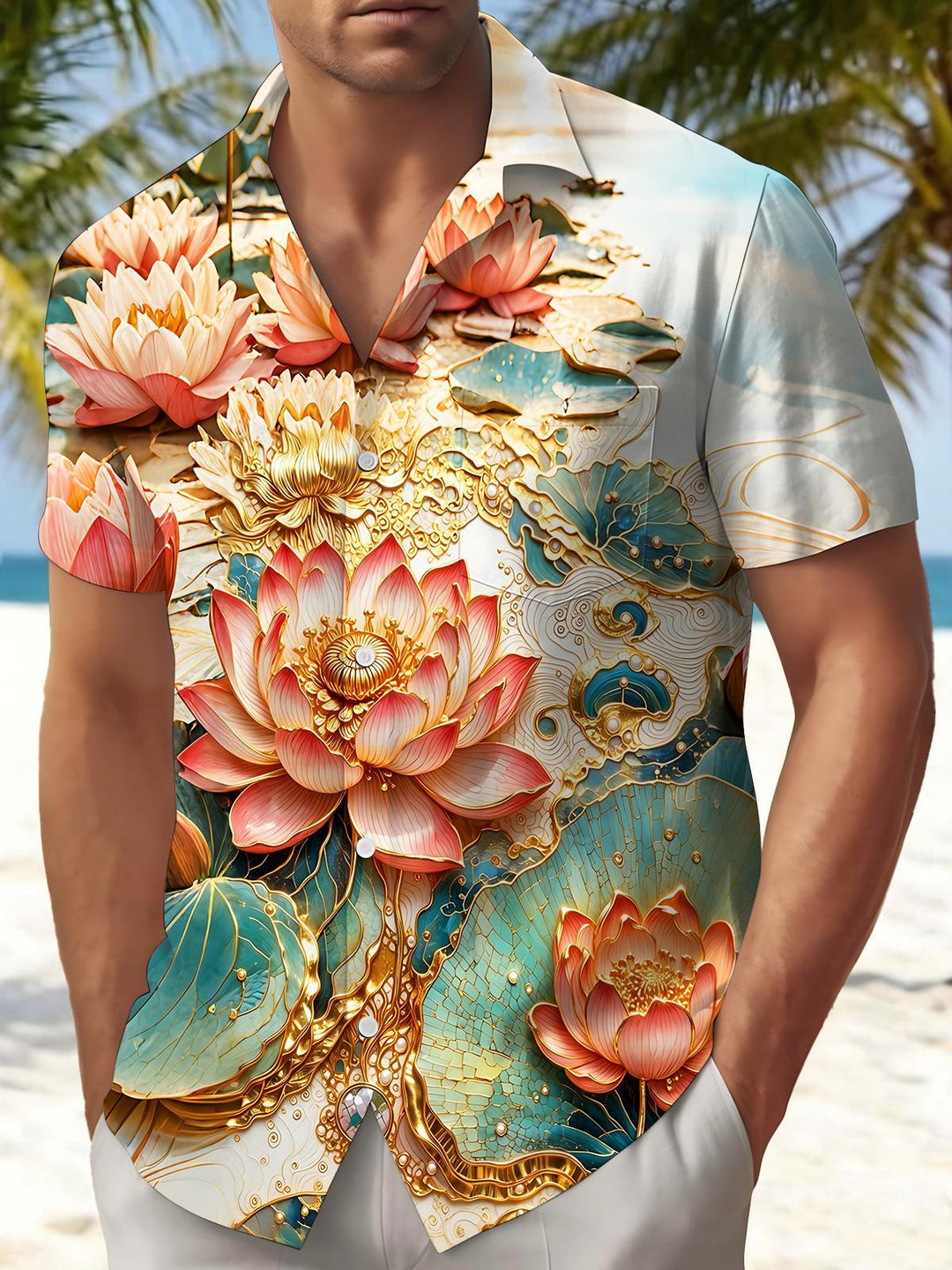 Art Gilded Lotus Floral Men's Pocket Short Sleeve Shirts