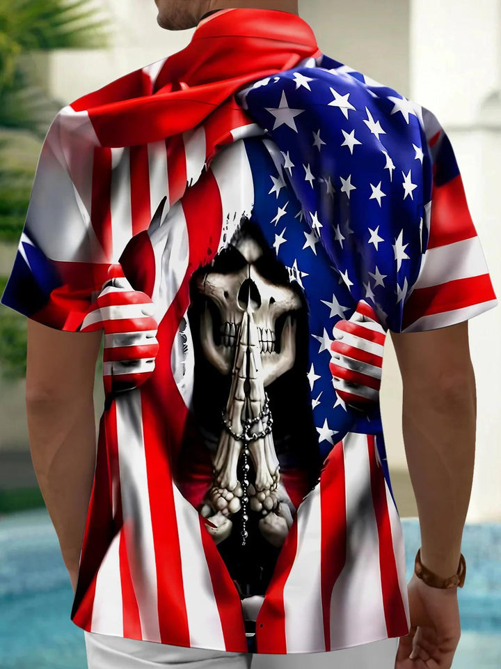Independence Skull American Flag Men's Pocket Short Sleeve Shirts