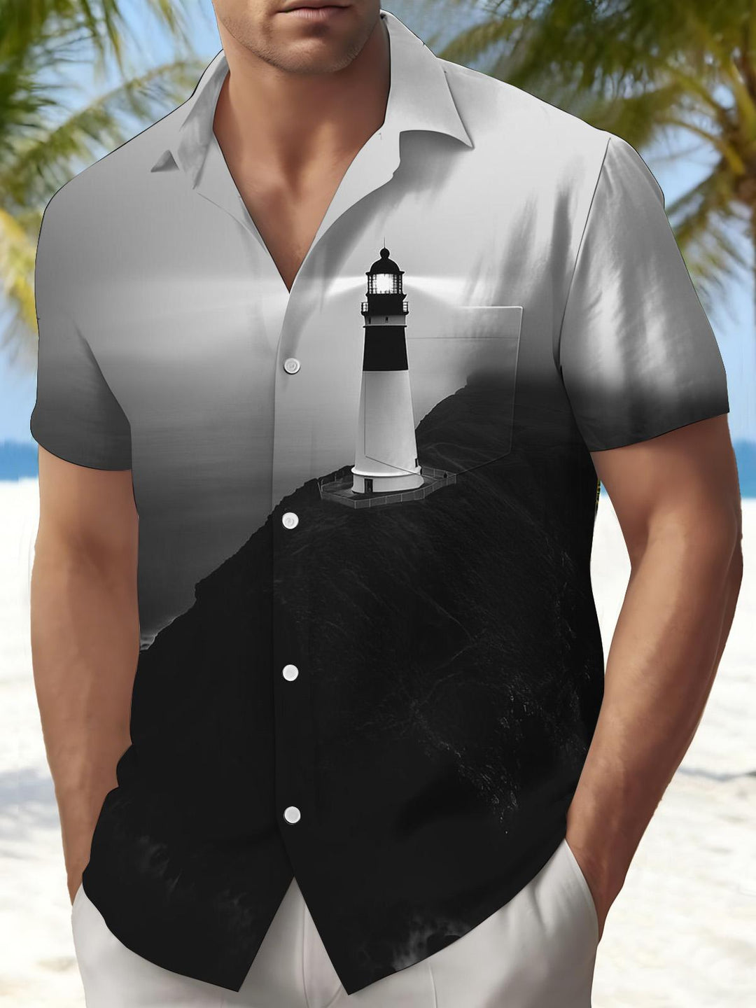 Lighthouse Print Men's Pocket Short Sleeve Shirts