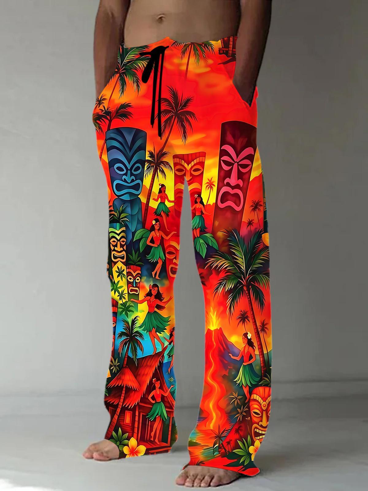 Hawaiian Coconut Trees Volcano Tiki Men's Casual Elastic Waist Pants