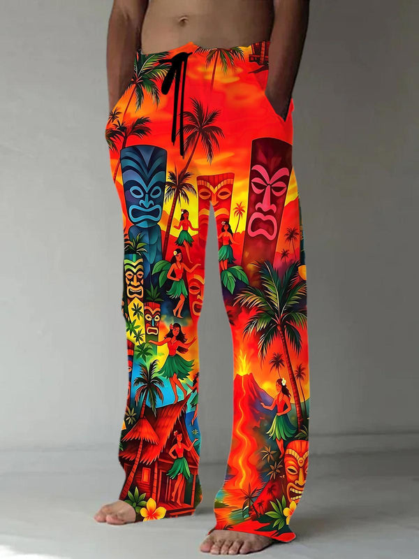 Hawaiian Coconut Trees Volcano Tiki Men's Casual Elastic Waist Pants