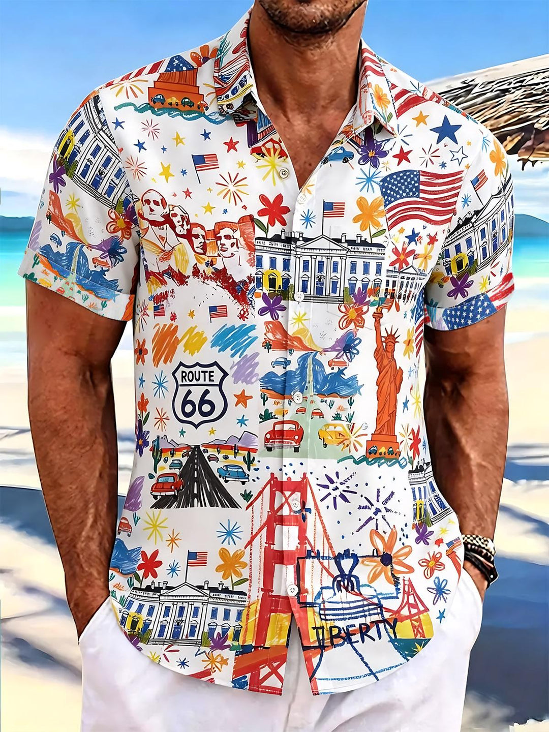 Route 66 Liberty American Flag Patriotic Print Men's Pocket Short Sleeve Shirts