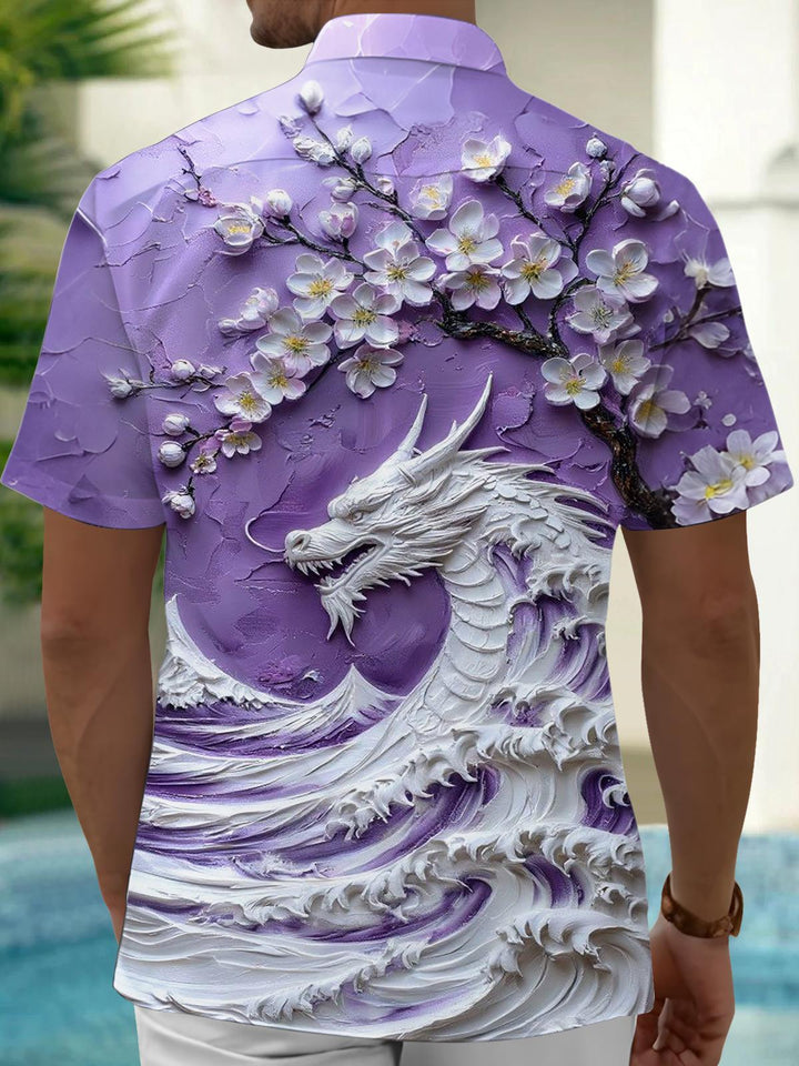 Dragon Sakura Print Men's Pocket Short Sleeve Shirts