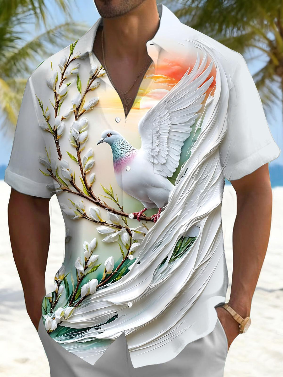 White Dove Flower Print Men's Pocket Short Sleeve Shirts