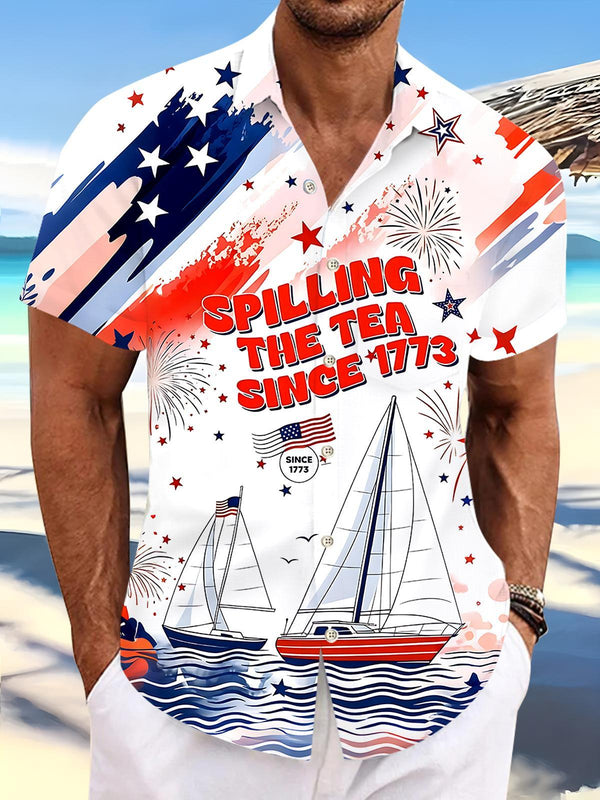 Independence Firework Boat Men's Pocket Short Sleeve Shirts