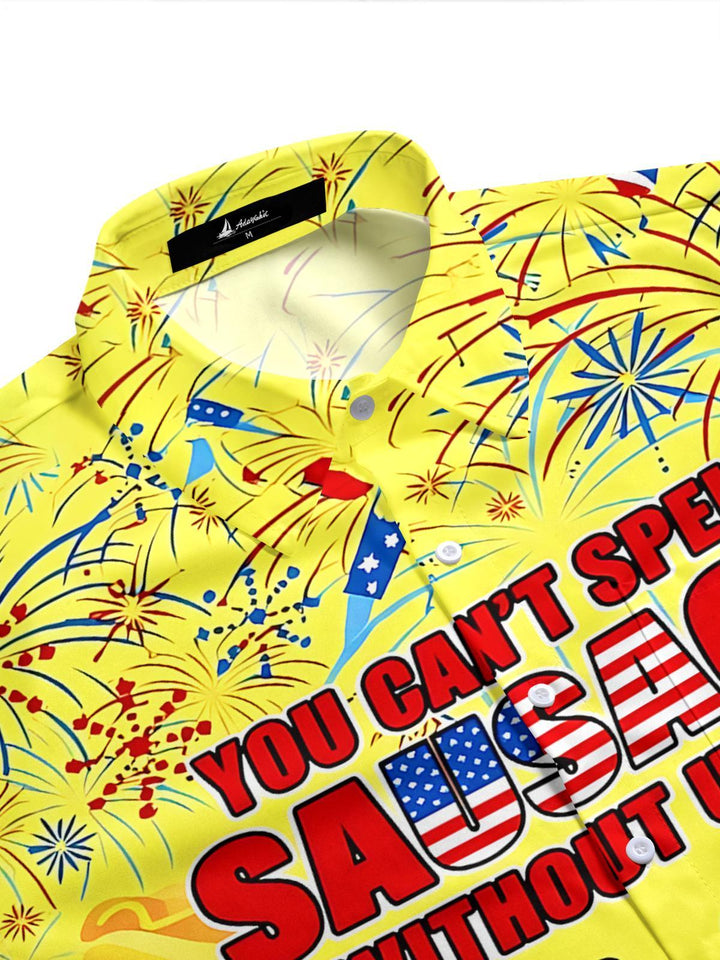 Hot Dog BBQ American Flag Print Men's Pocket Short Sleeve Shirts