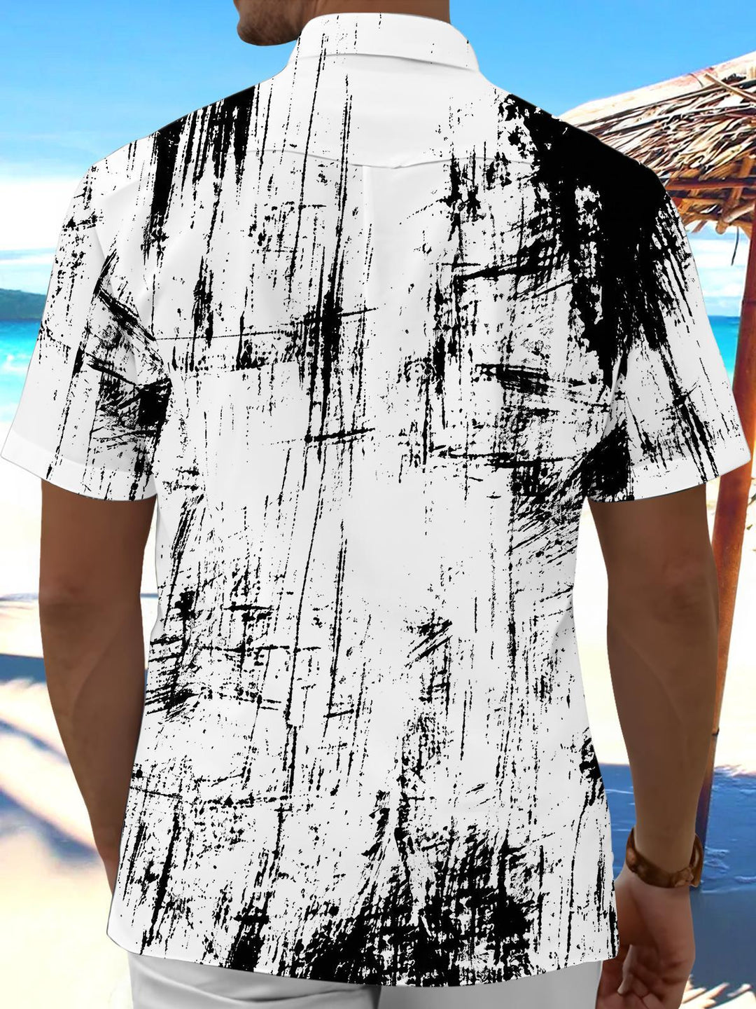 Black And White Abstract Tie Dye Brushstroke Men's Pocket Short Sleeve Shirts