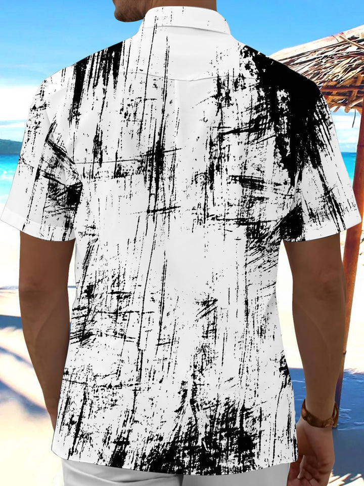 Black And White Abstract Tie Dye Brushstroke Men's Pocket Short Sleeve Shirts
