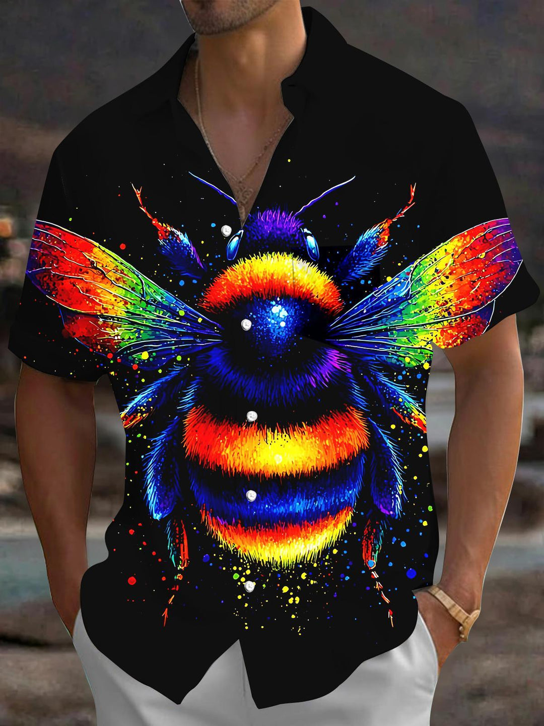 Colorful Bees Men's Pocket Short Sleeve Shirts