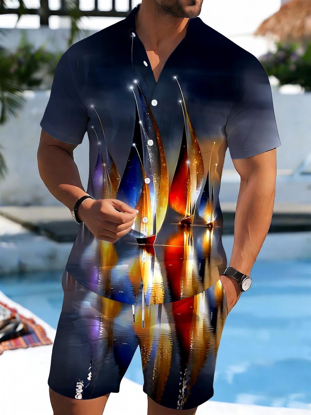 Hawaiian Boat Men's Short Sleeve Pocket Shirts And Shorts Set