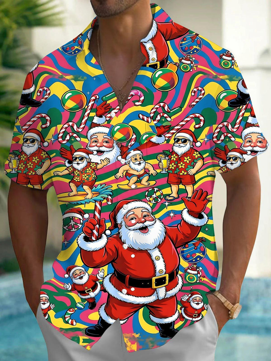Santa Claus Surfing Men's Pocket Short Sleeve Shirts